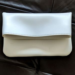 White Neiman Marcus Folding Button Faux Leather Clutch Purse Handbag